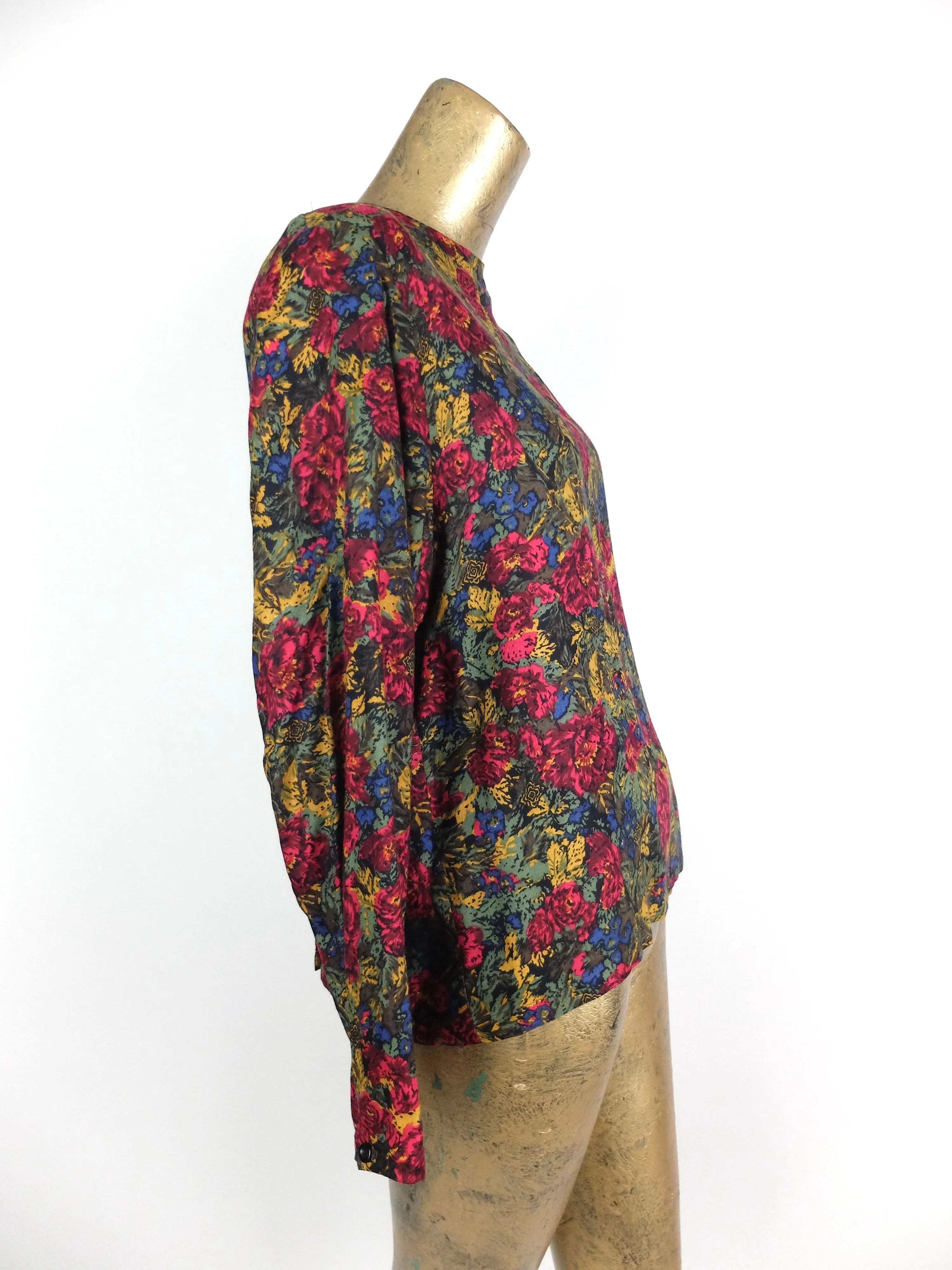 70s Mod Romantic Bohemian Floral Long Sleeve Blouse with Shoulder Pads