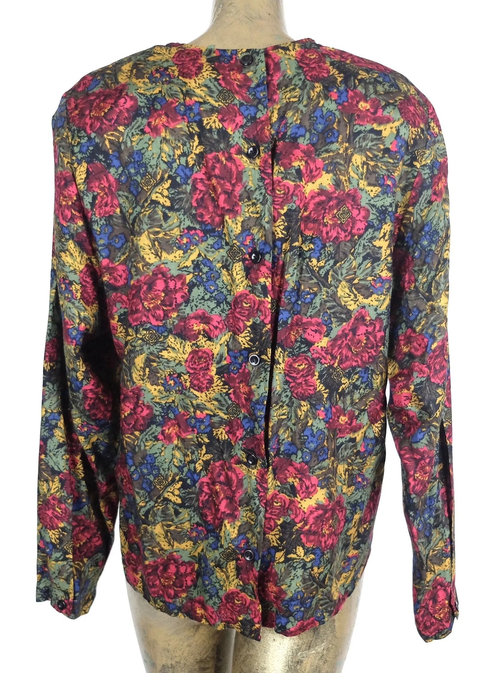 70s Mod Romantic Bohemian Floral Long Sleeve Blouse with Shoulder Pads