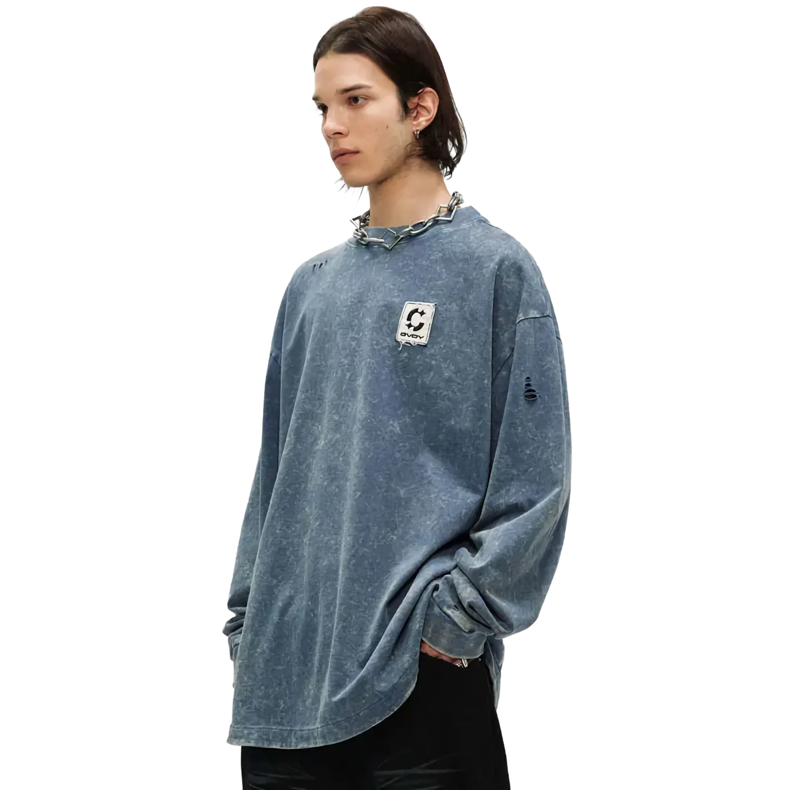 Aged Long Sleeve Cotton Tee with Distressing