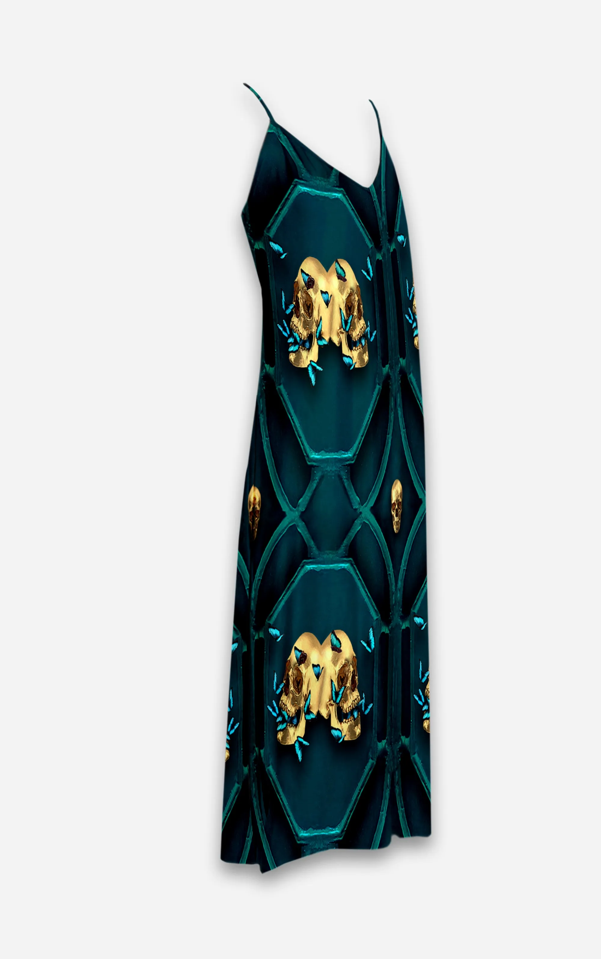 All Saints Double Nouveau- 100% Silk Satin French Gothic V Neck Slip Dress in Midnight Teal | Le Leanian™