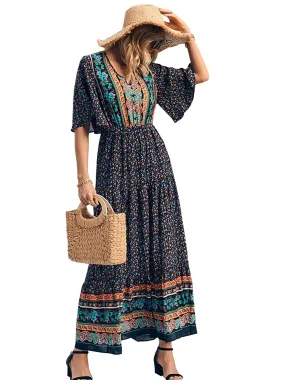 Anna-Kaci Boho Flared Short Sleeve Paisley Maxi Dress