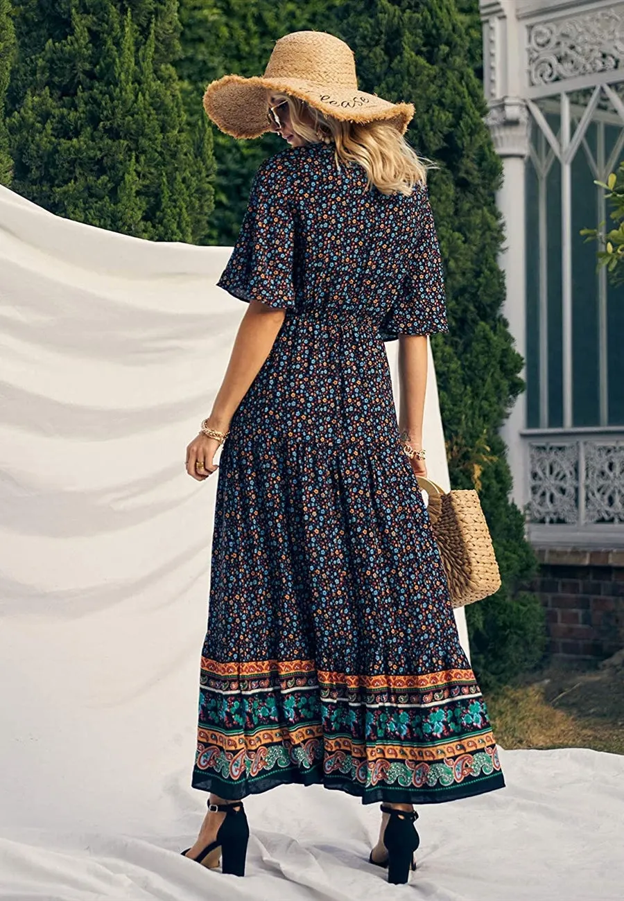 Anna-Kaci Boho Flared Short Sleeve Paisley Maxi Dress