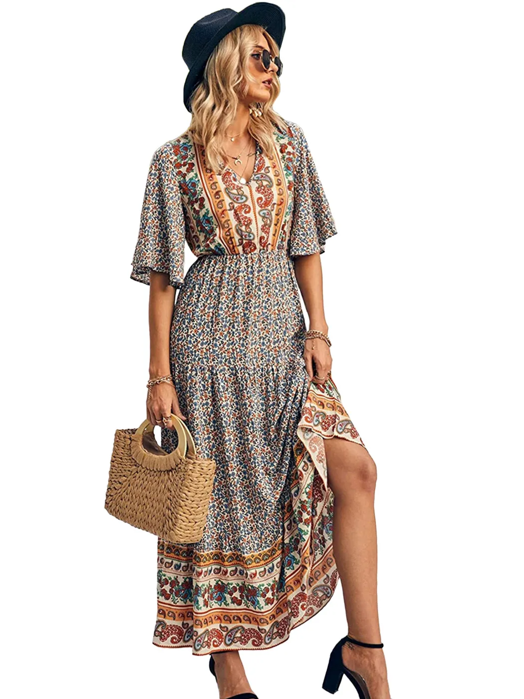 Anna-Kaci Boho Flared Short Sleeve Paisley Maxi Dress