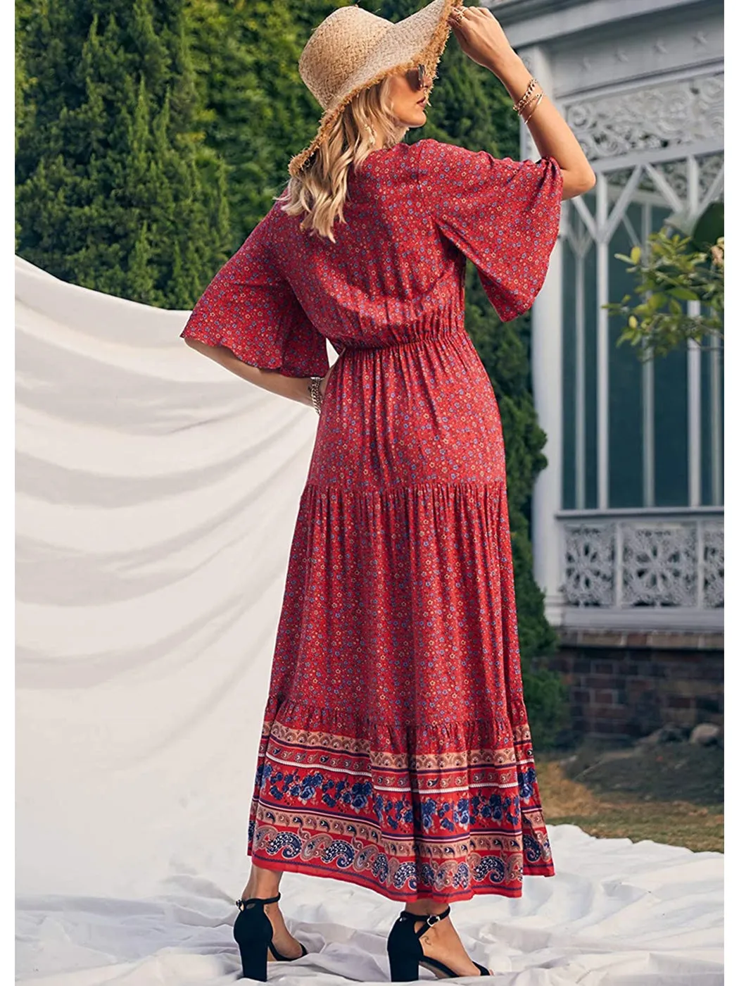 Anna-Kaci Boho Flared Short Sleeve Paisley Maxi Dress