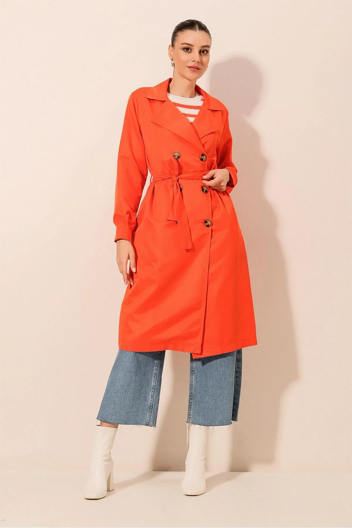 BGD Women Double-Breasted Trench Coat - Orange - Avondale
