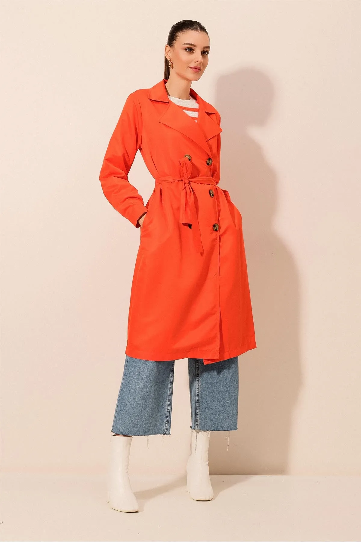 BGD Women Double-Breasted Trench Coat - Orange - Avondale