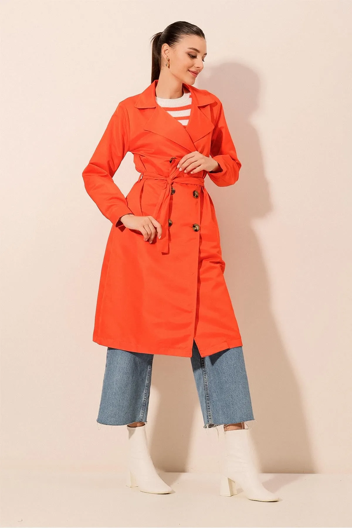 BGD Women Double-Breasted Trench Coat - Orange - Avondale