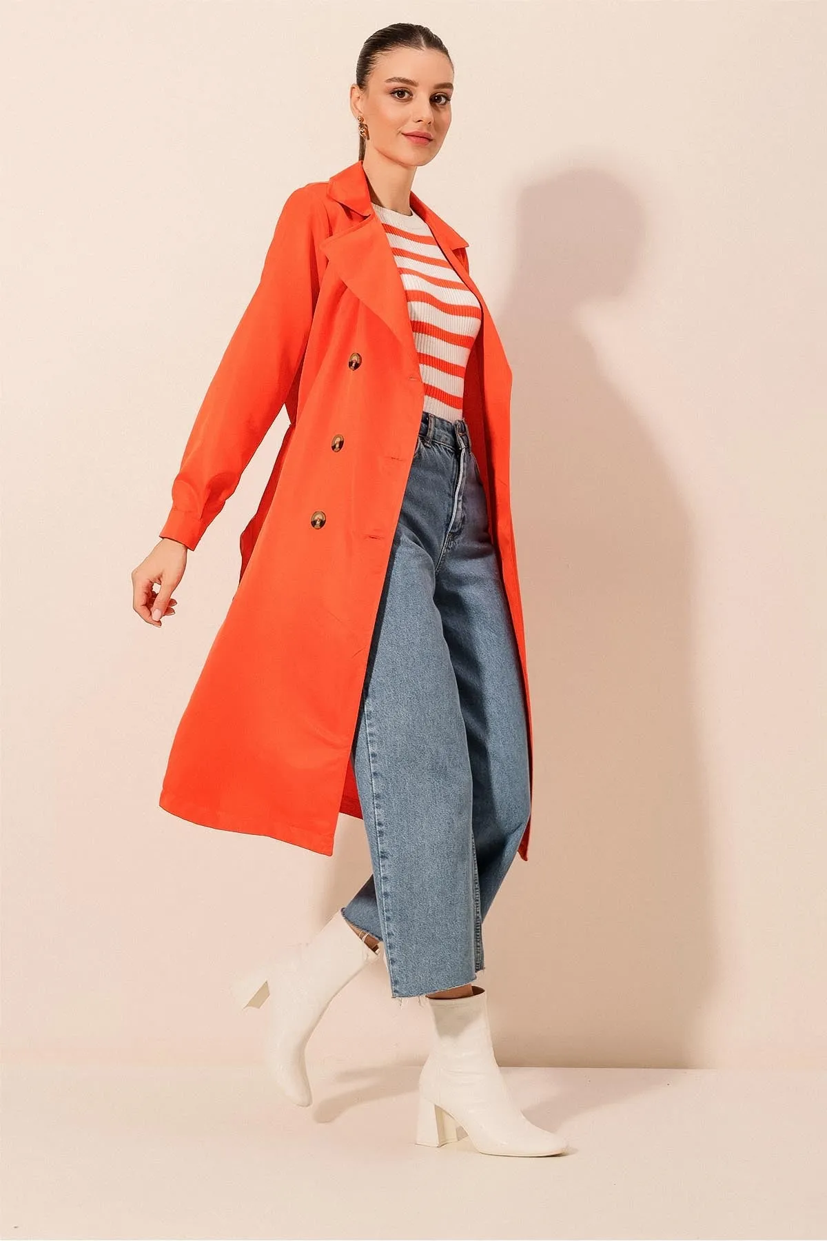 BGD Women Double-Breasted Trench Coat - Orange - Avondale