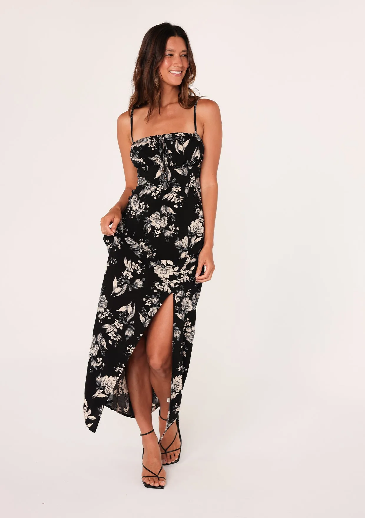 Black Floral Spaghetti Strap Tie Front Maxi Dress