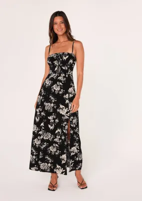 Black Floral Spaghetti Strap Tie Front Maxi Dress