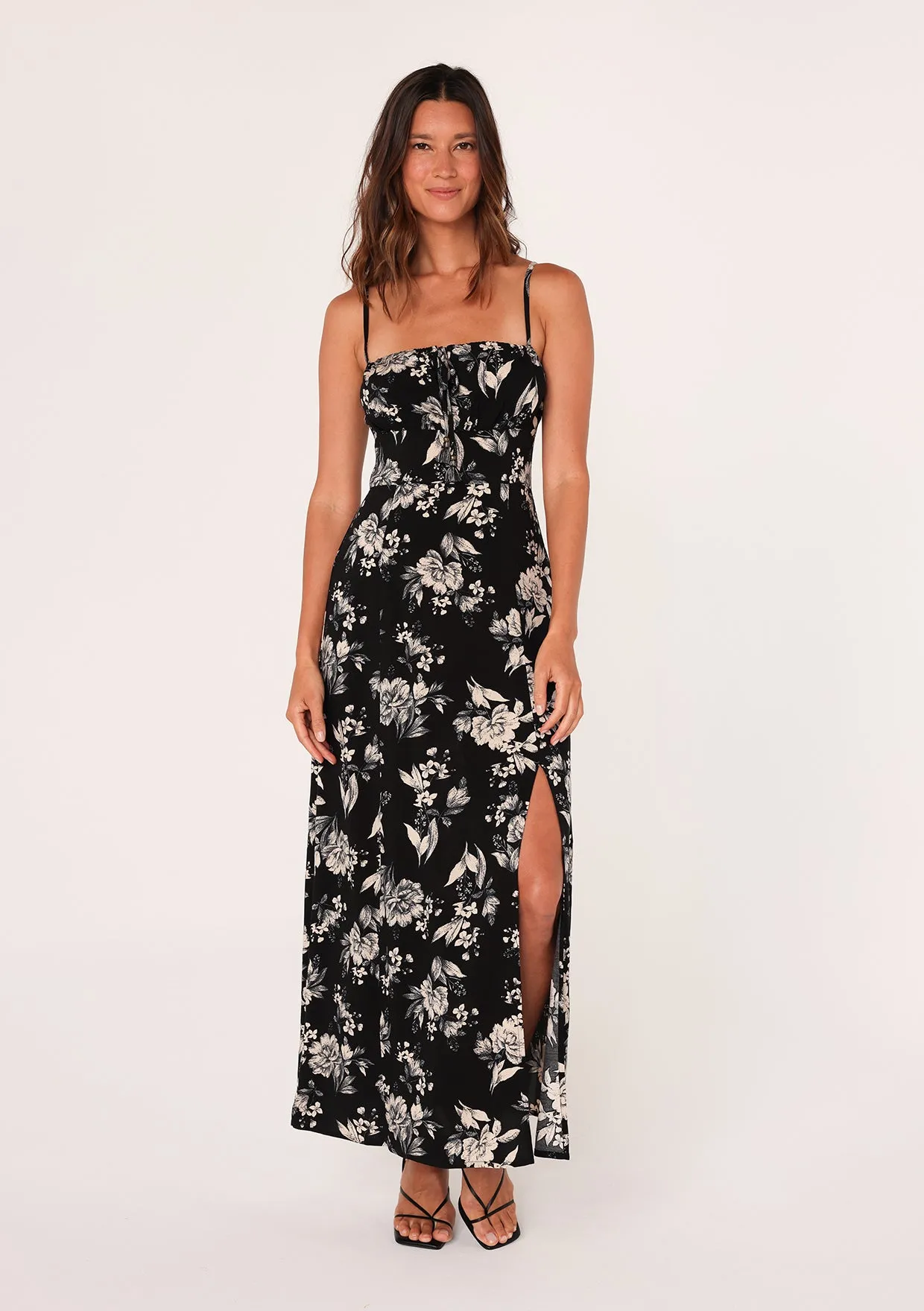 Black Floral Spaghetti Strap Tie Front Maxi Dress
