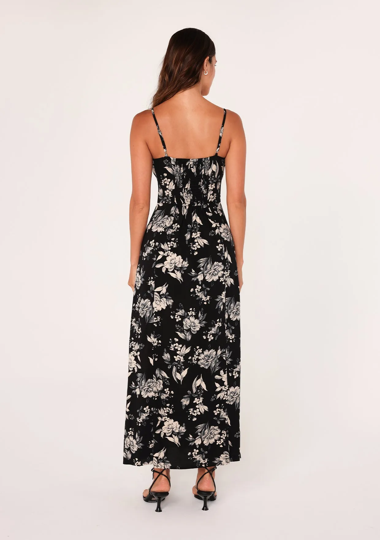 Black Floral Spaghetti Strap Tie Front Maxi Dress