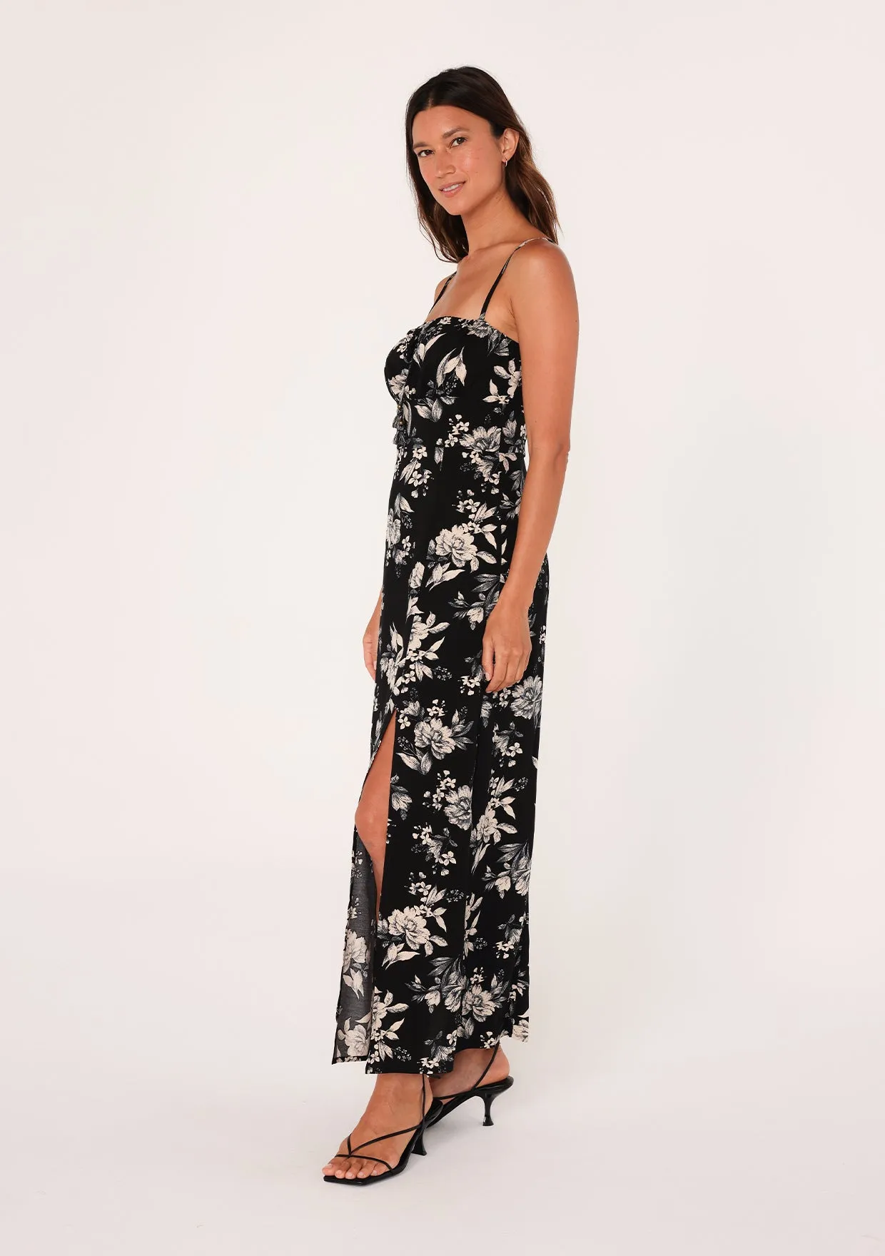 Black Floral Spaghetti Strap Tie Front Maxi Dress