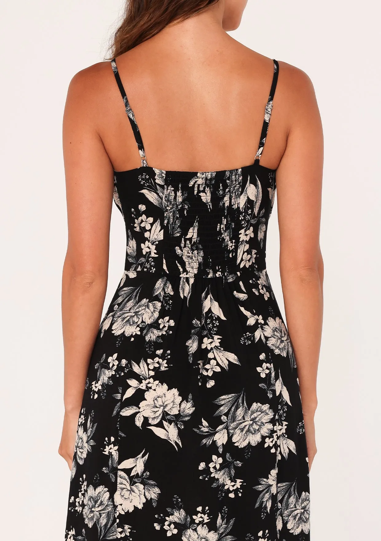 Black Floral Spaghetti Strap Tie Front Maxi Dress