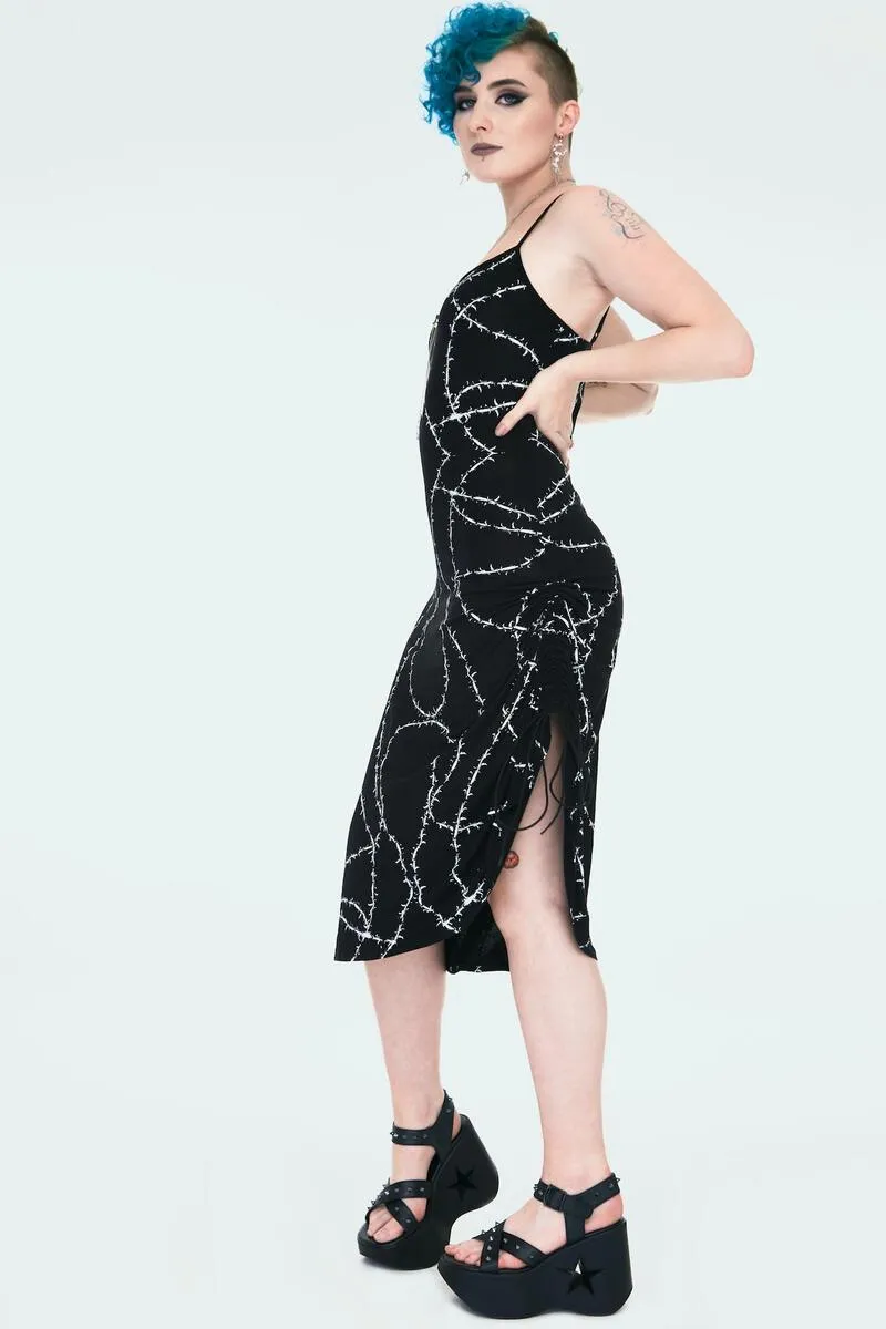 Black Thorn Print Slip Dress with Side Adjuster
