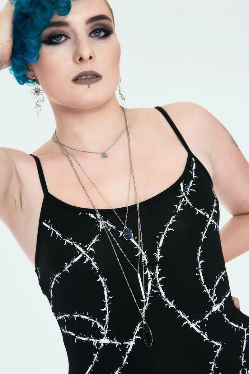 Black Thorn Print Slip Dress with Side Adjuster