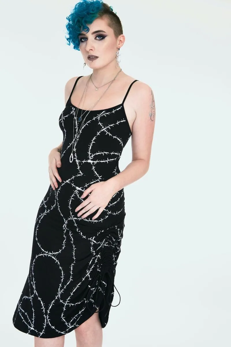 Black Thorn Print Slip Dress with Side Adjuster