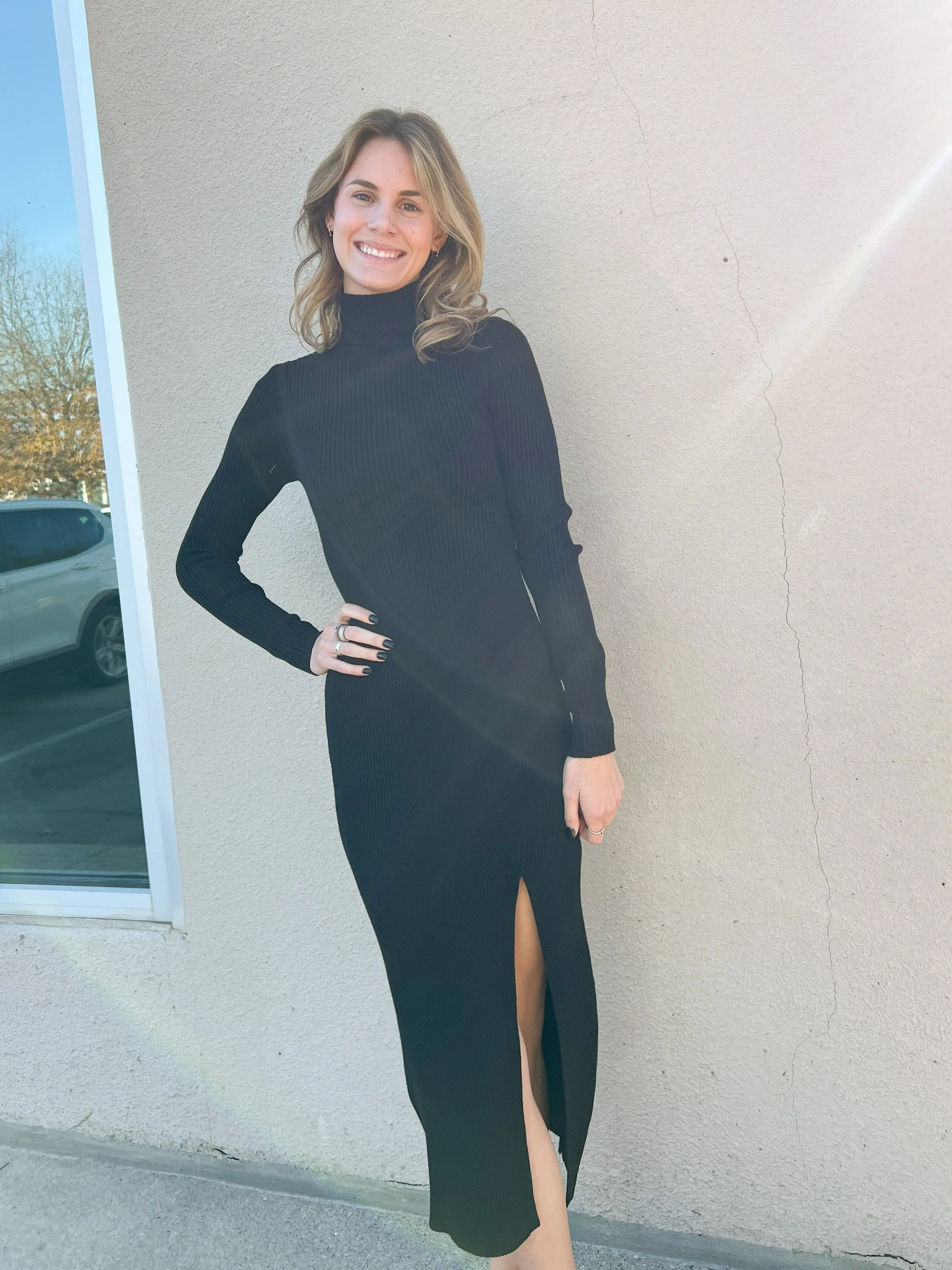 Black Turtleneck Sweater Midi Dress