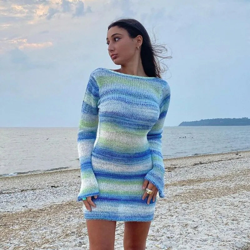 Blue Knitted Backless Dress