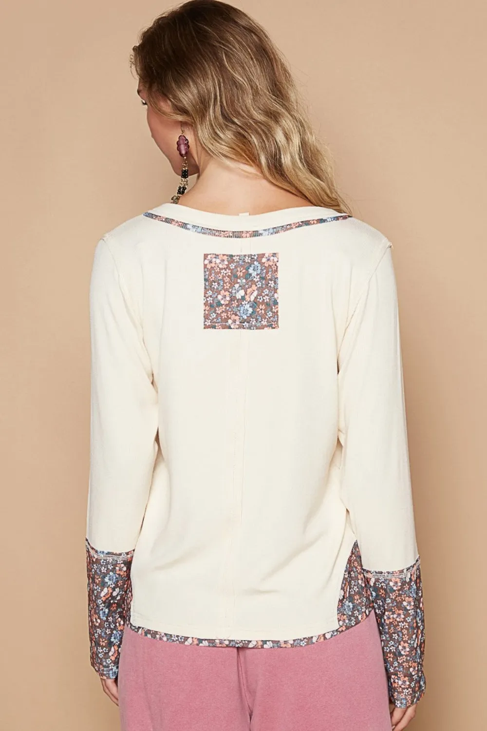 Blue Zone Planet |  POL V-Neck Long Sleeve Floral Number Patch T-Shirt