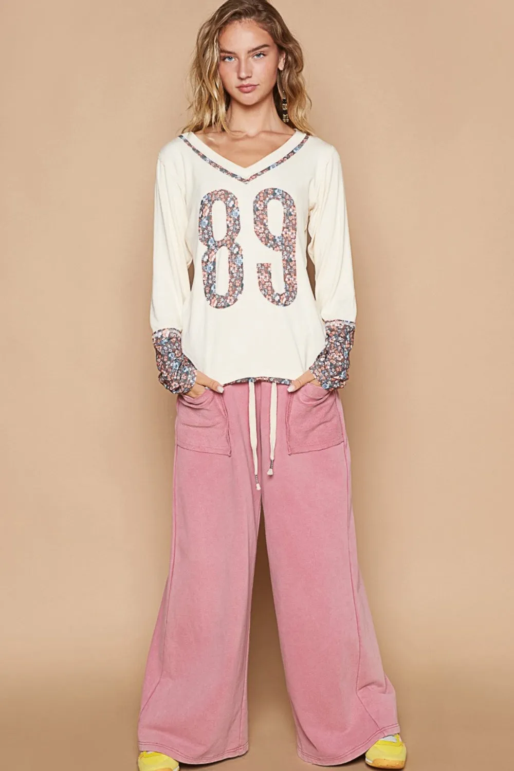 Blue Zone Planet |  POL V-Neck Long Sleeve Floral Number Patch T-Shirt