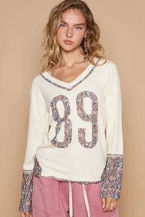Blue Zone Planet |  POL V-Neck Long Sleeve Floral Number Patch T-Shirt