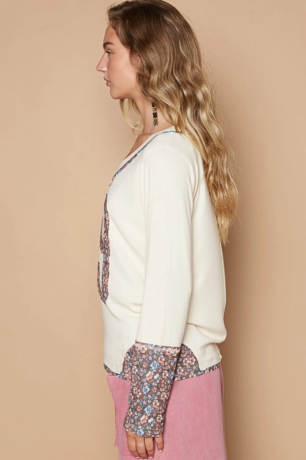 Blue Zone Planet |  POL V-Neck Long Sleeve Floral Number Patch T-Shirt