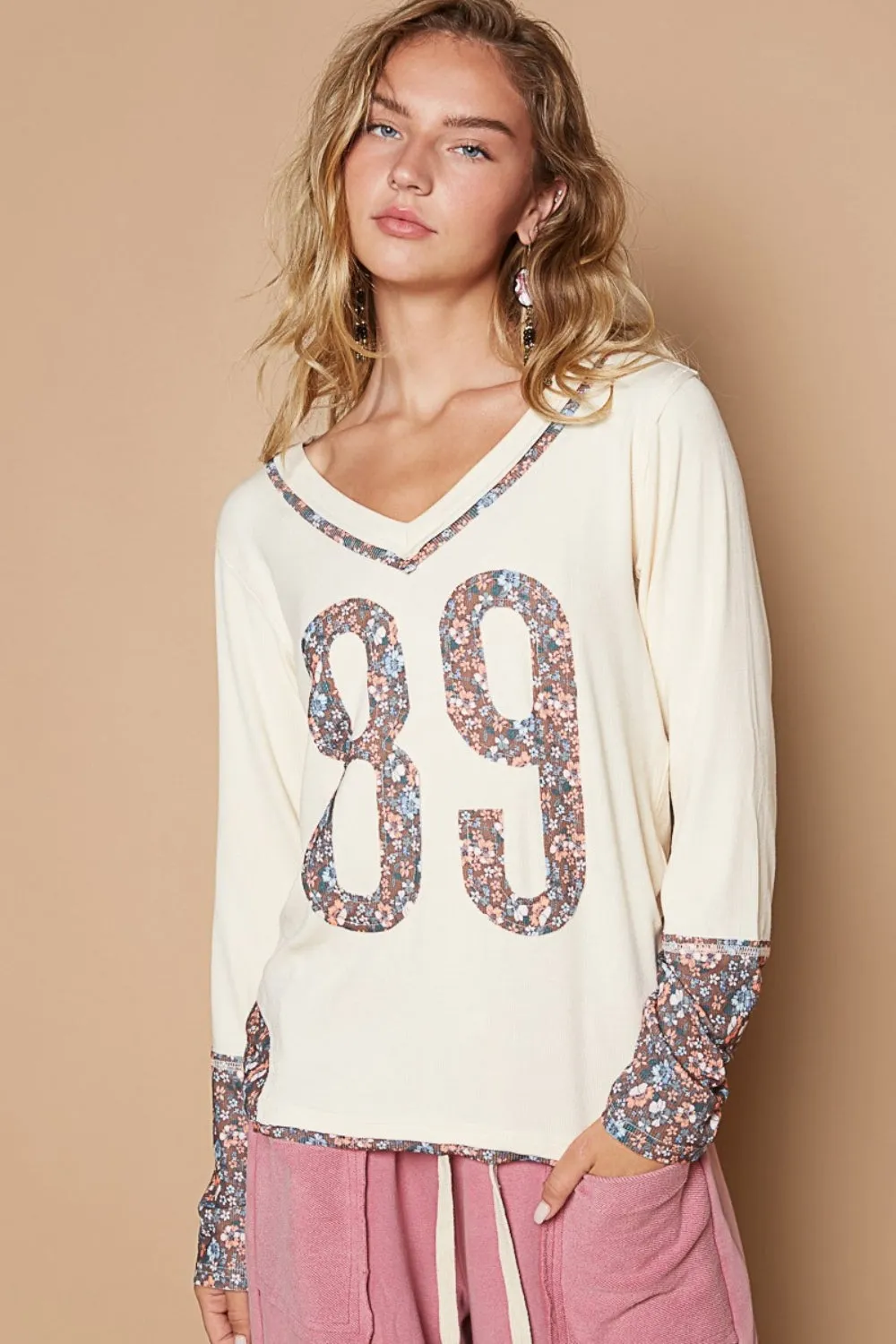 Blue Zone Planet |  POL V-Neck Long Sleeve Floral Number Patch T-Shirt