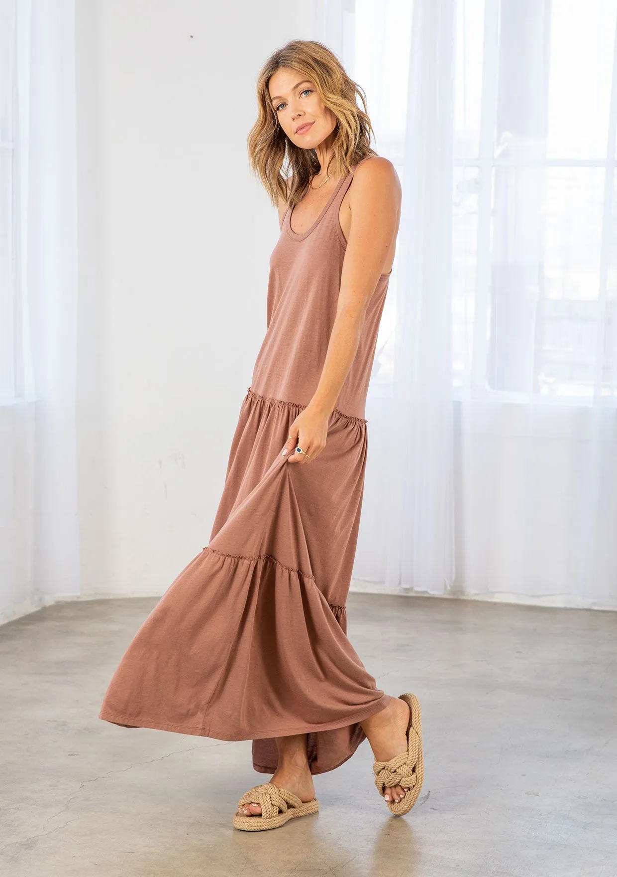 Bohemian Jersey Racer Back Tiered Maxi Dress