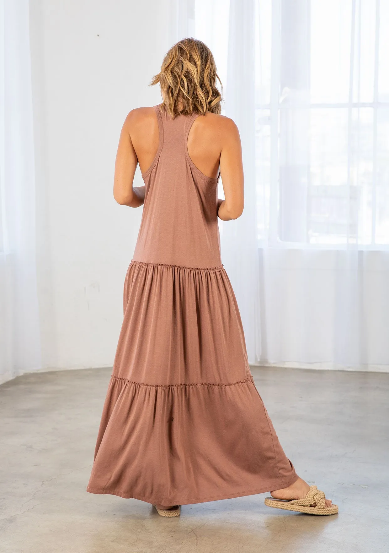 Bohemian Jersey Racer Back Tiered Maxi Dress