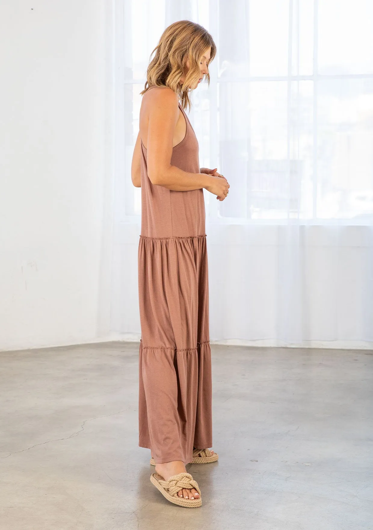 Bohemian Jersey Racer Back Tiered Maxi Dress