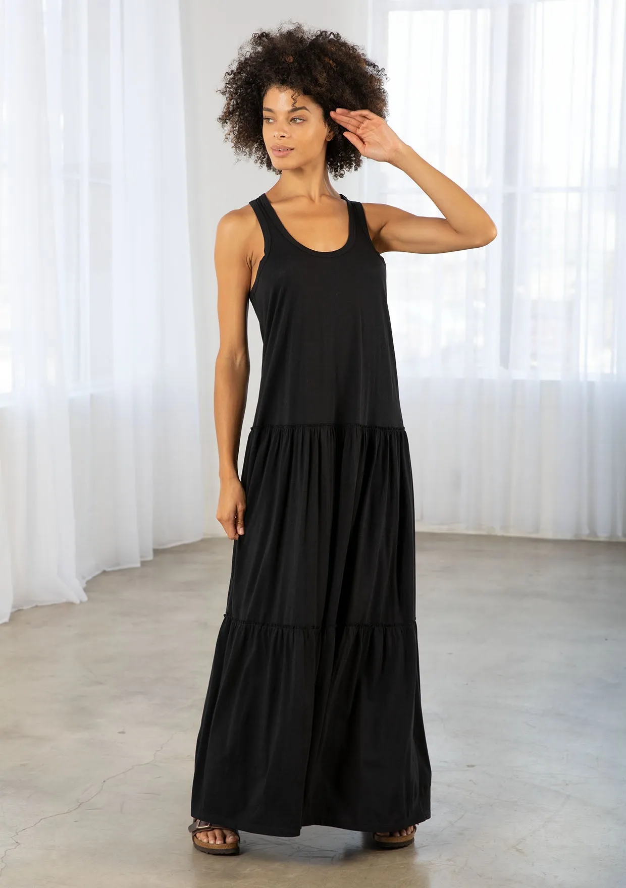 Bohemian Jersey Racer Back Tiered Maxi Dress