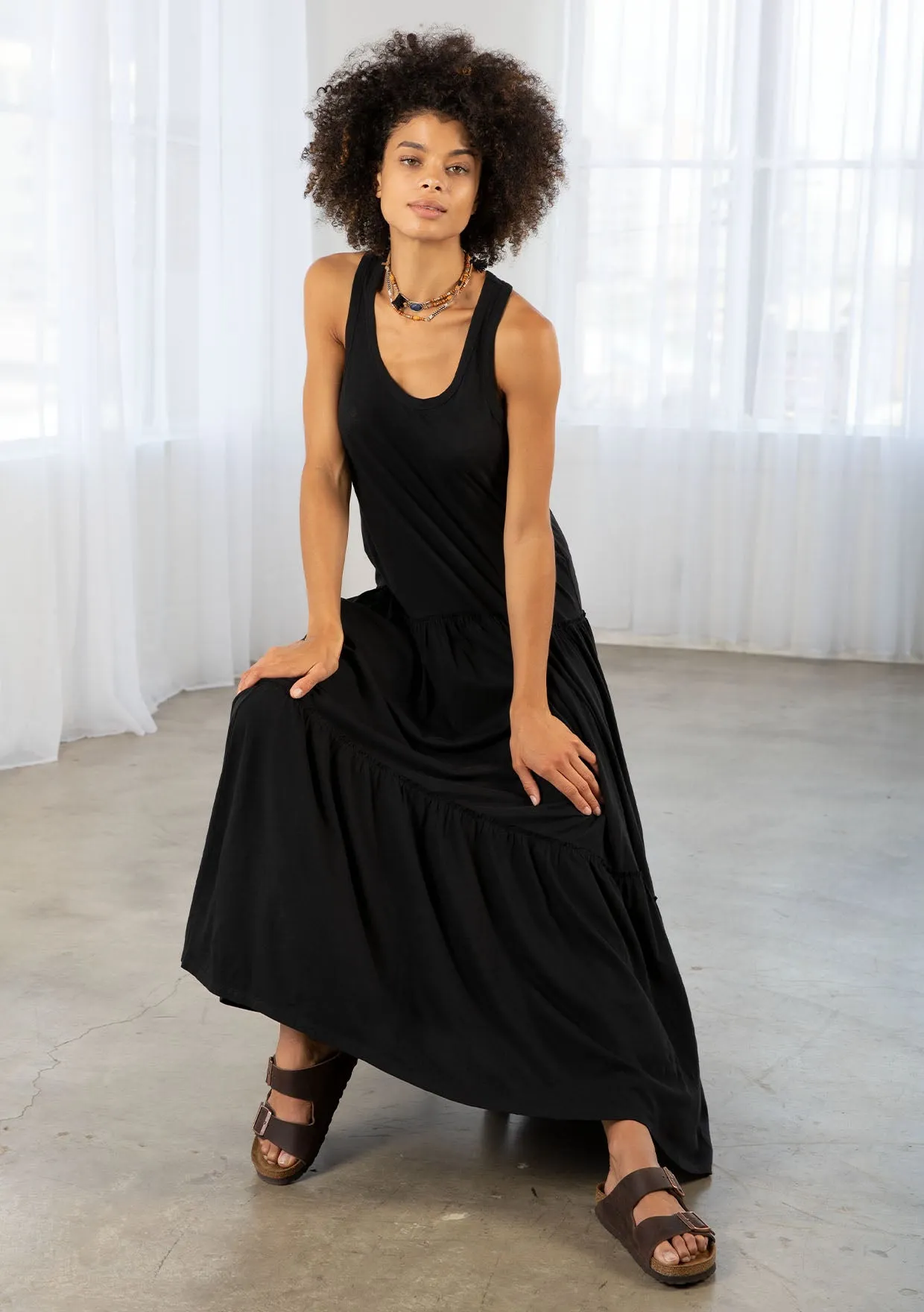 Bohemian Jersey Racer Back Tiered Maxi Dress