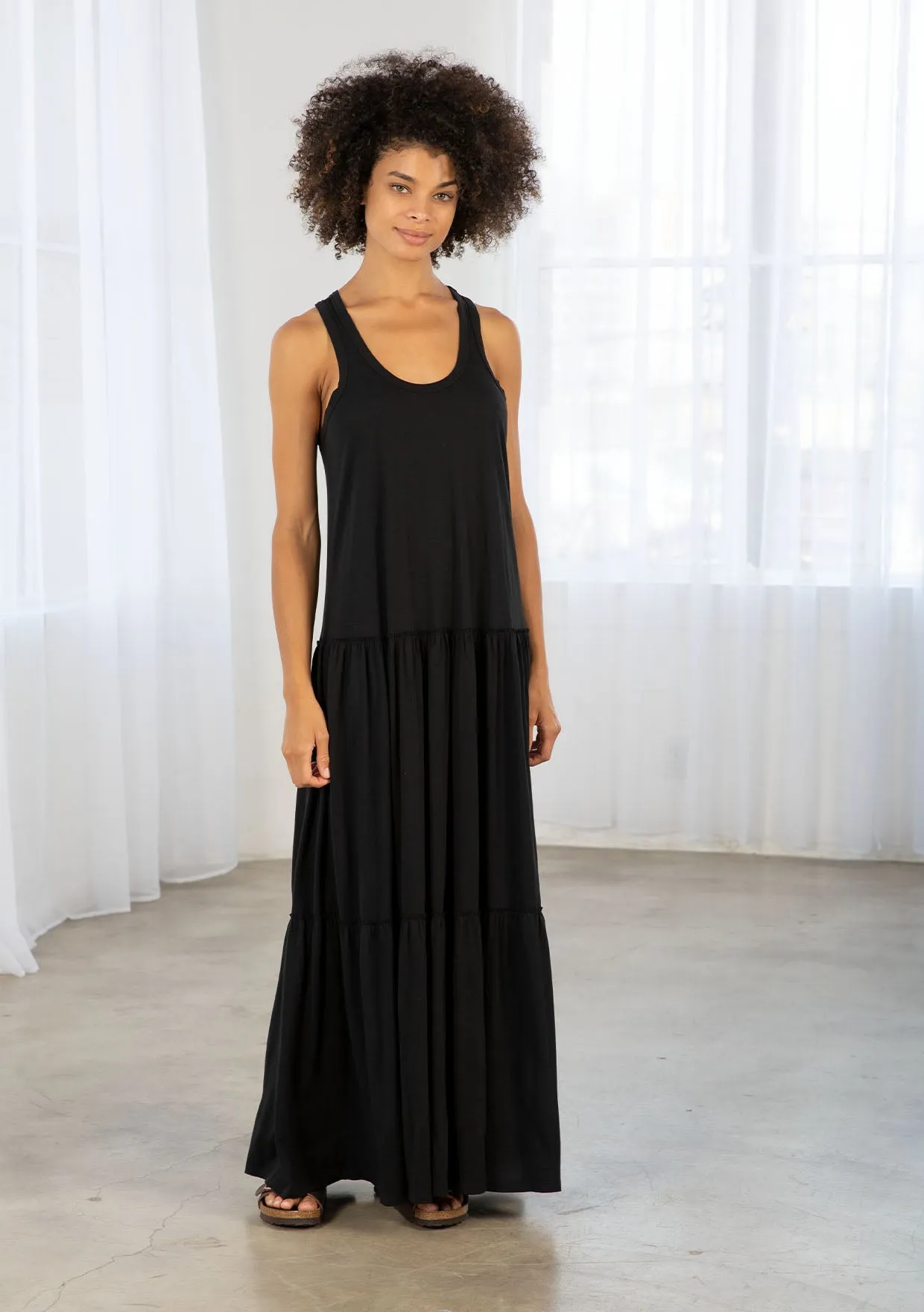 Bohemian Jersey Racer Back Tiered Maxi Dress