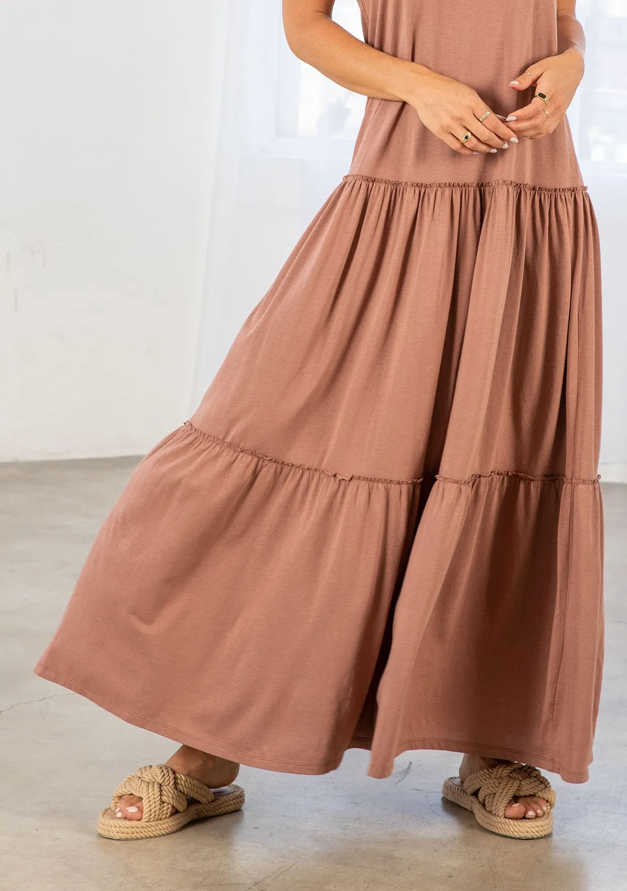 Bohemian Jersey Racer Back Tiered Maxi Dress