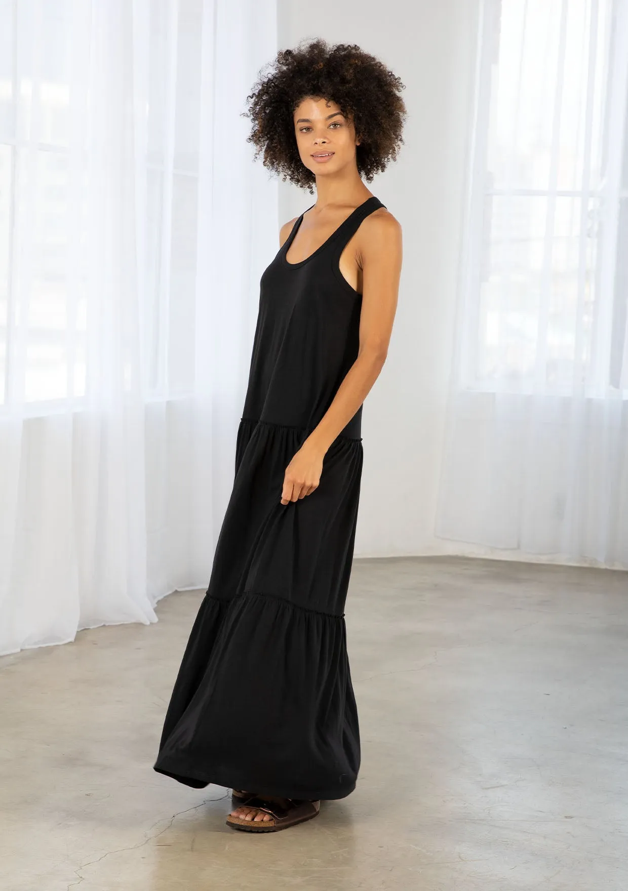Bohemian Jersey Racer Back Tiered Maxi Dress