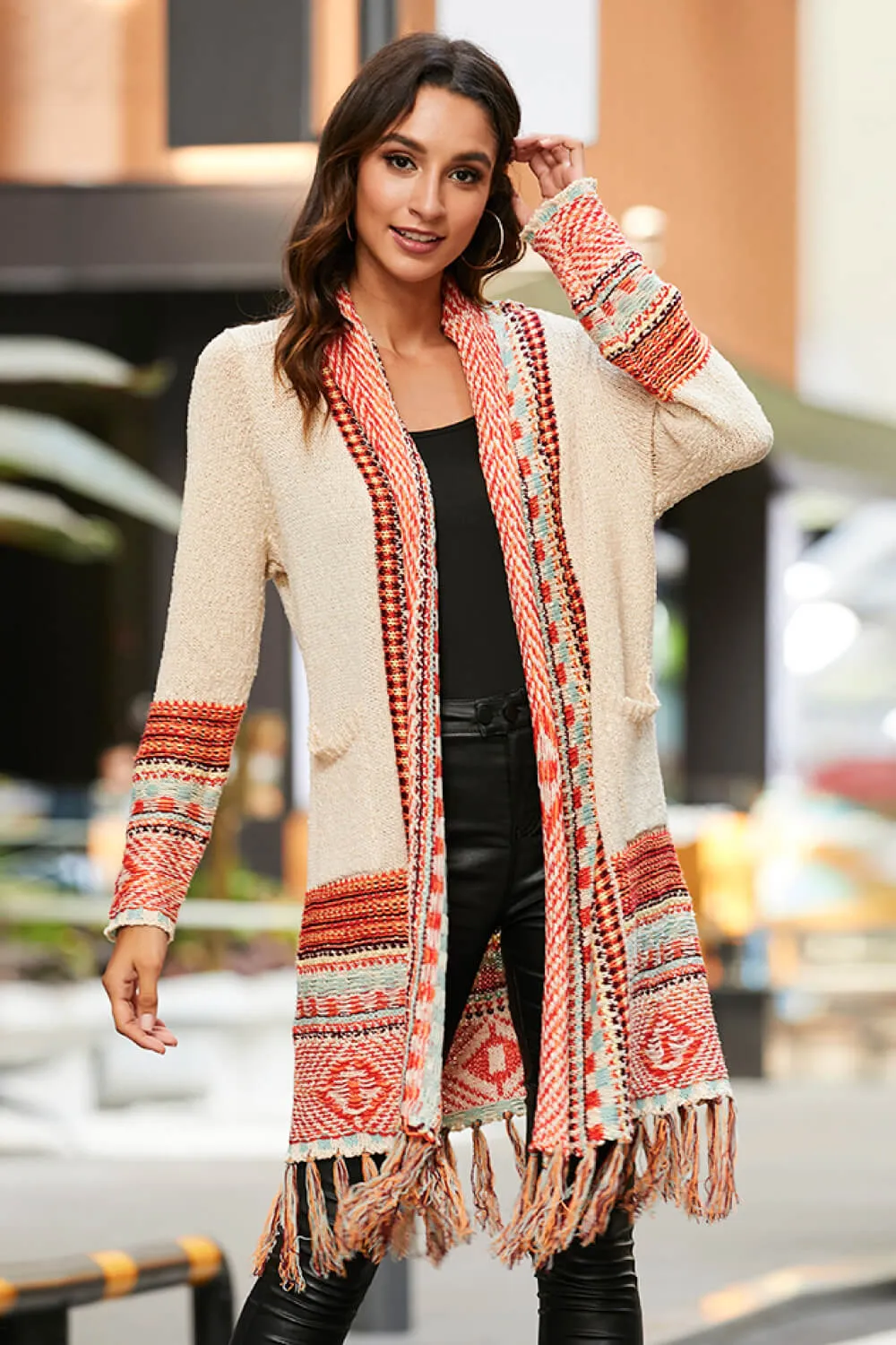 Bohemian Tassel Hem Open Front Cardigan