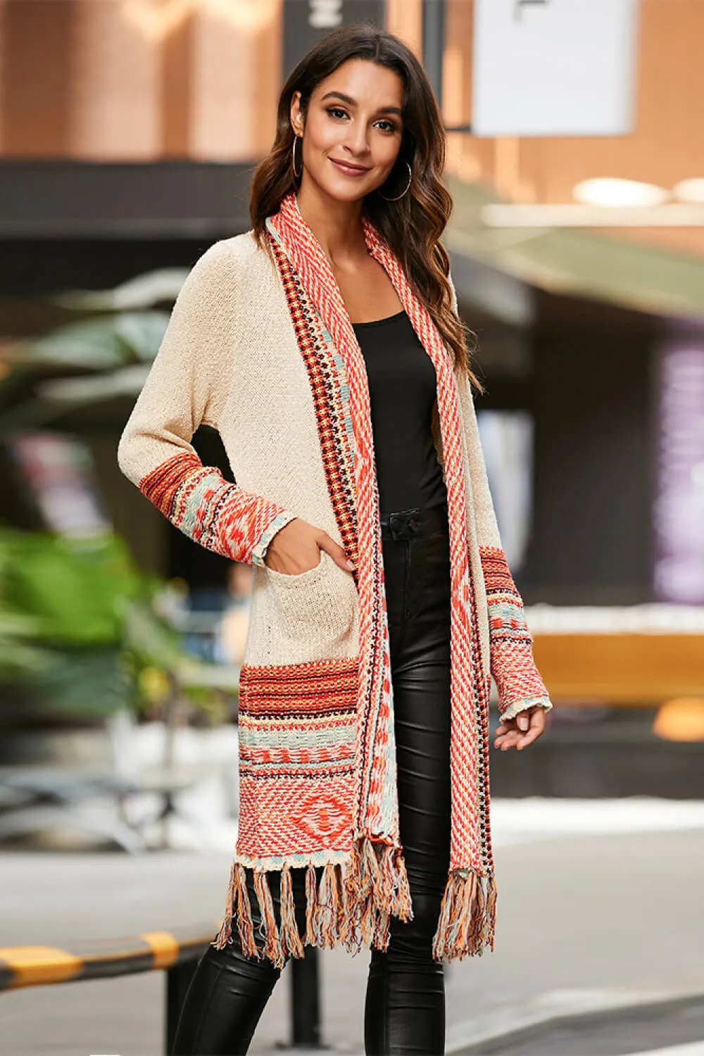 Bohemian Tassel Hem Open Front Cardigan