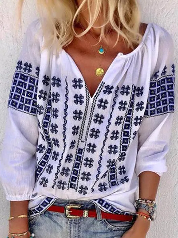 Bohemian V Neck Casual Plus Size Blouse Tops
