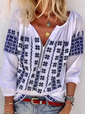 Bohemian V Neck Casual Plus Size Blouse Tops