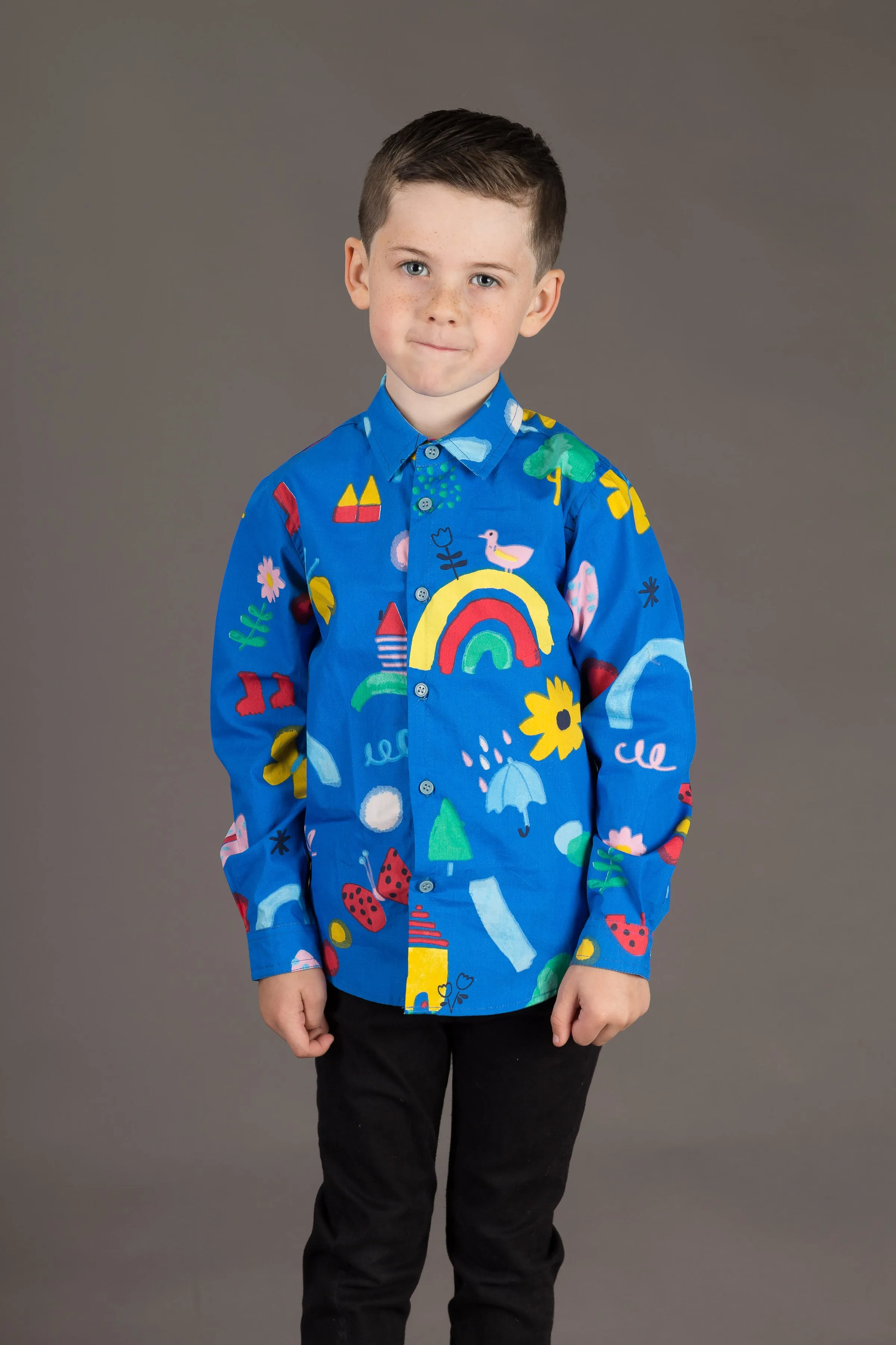 Boys Cotton Blue Rainbow Print Long Sleeve Shirt