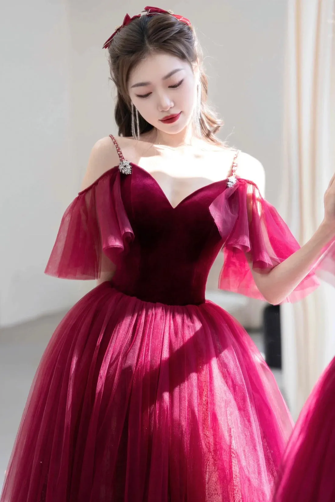 Burgundy V-Neck Velvet and Tulle Long Prom Dress, A-Line Spaghetti Strap Formal Evening Dress