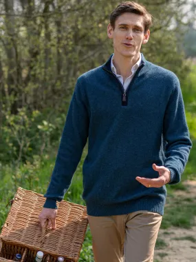 Cashmere and Merino Zip Neck Jumper | Ocean Blue