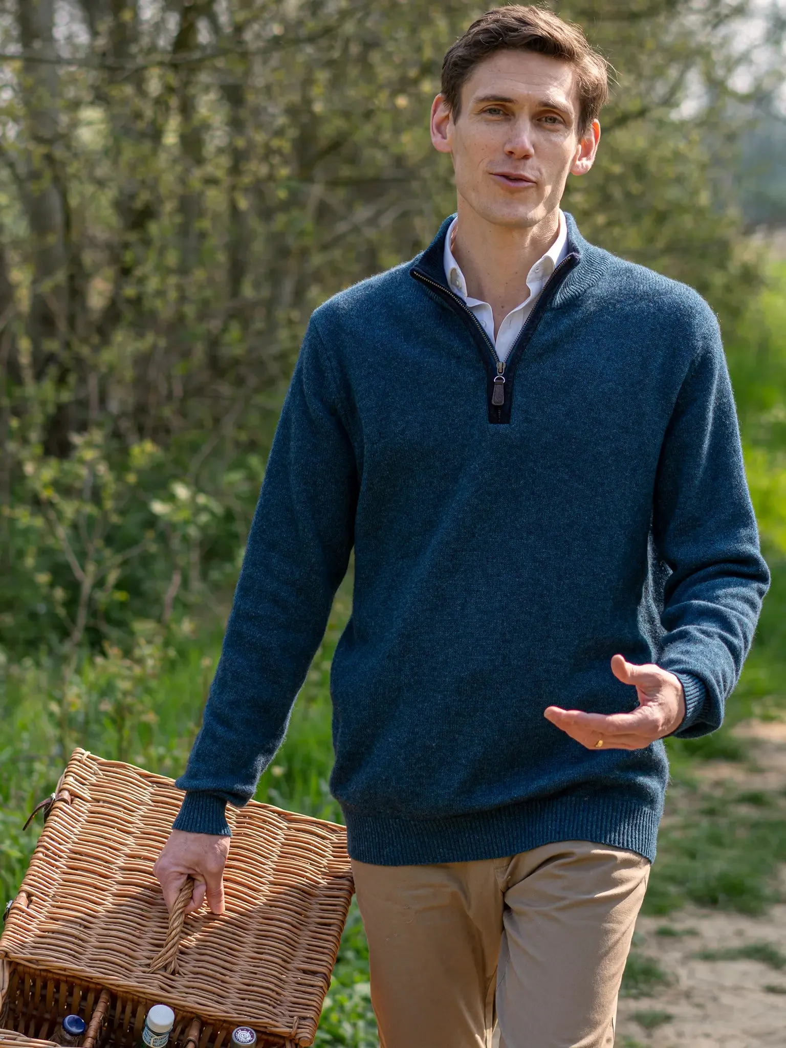 Cashmere and Merino Zip Neck Jumper | Ocean Blue