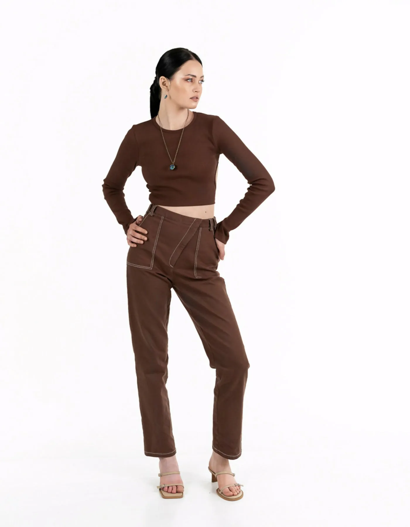 Chocolate-colored open-back top