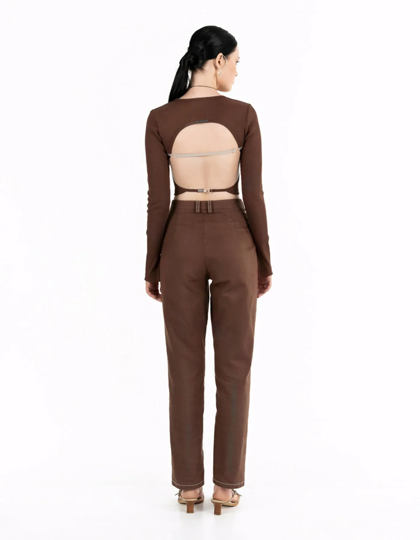 Chocolate-colored open-back top