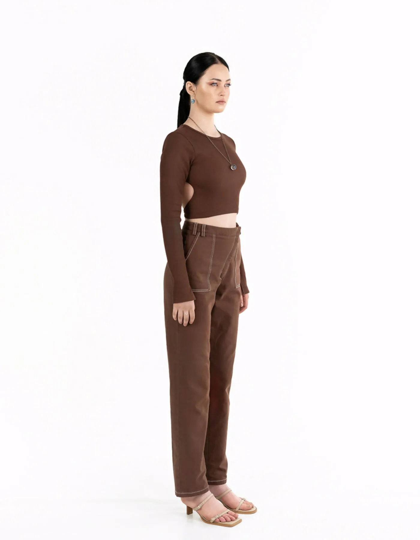 Chocolate-colored open-back top