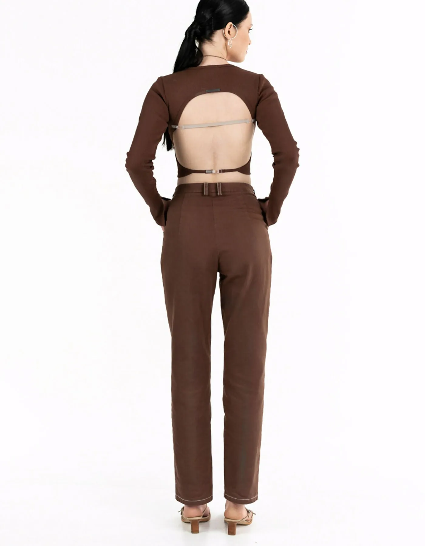 Chocolate-colored open-back top