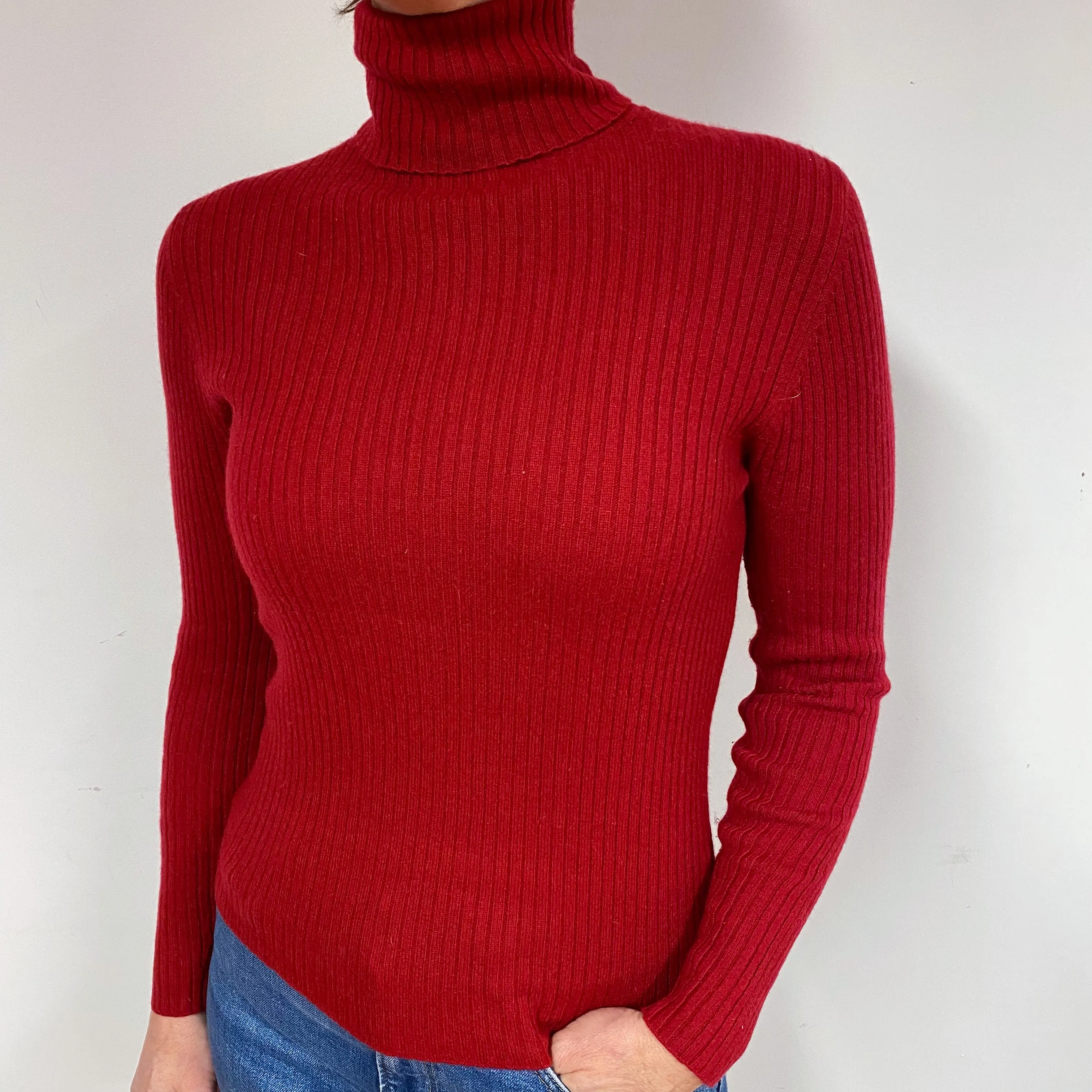 Crimson Red Ribbed Cashmere Polo Neck Jumper Medium/Petite
