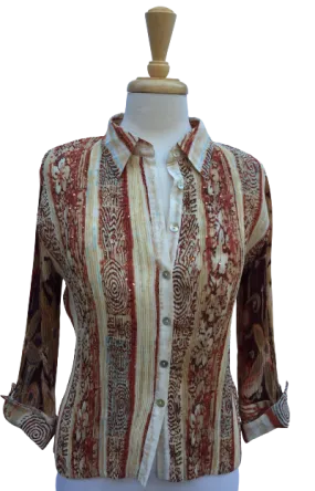 Crinkle 27 - Long-sleeve, button-up top with Bohemian and artsy striped print. Made in France.
